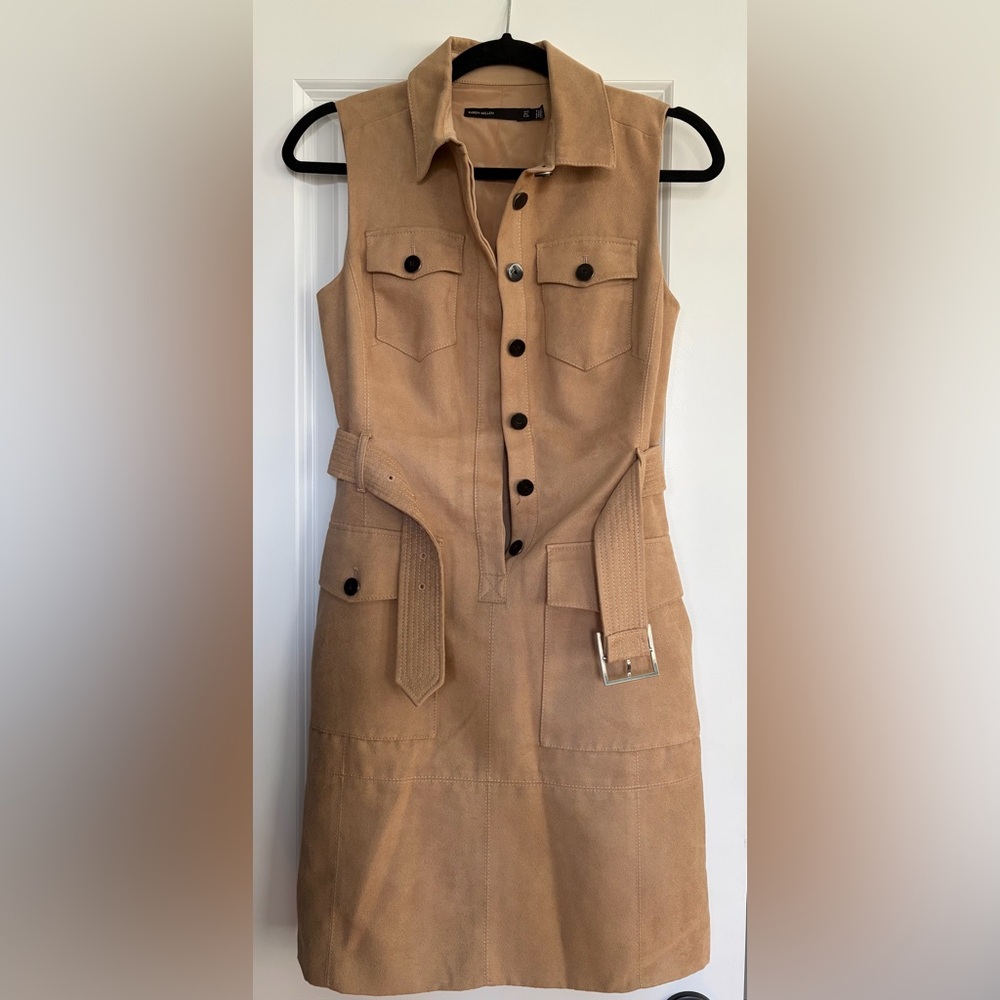 Karen Millen Tan Sleeveless Suede Button-Front Dress with Belt